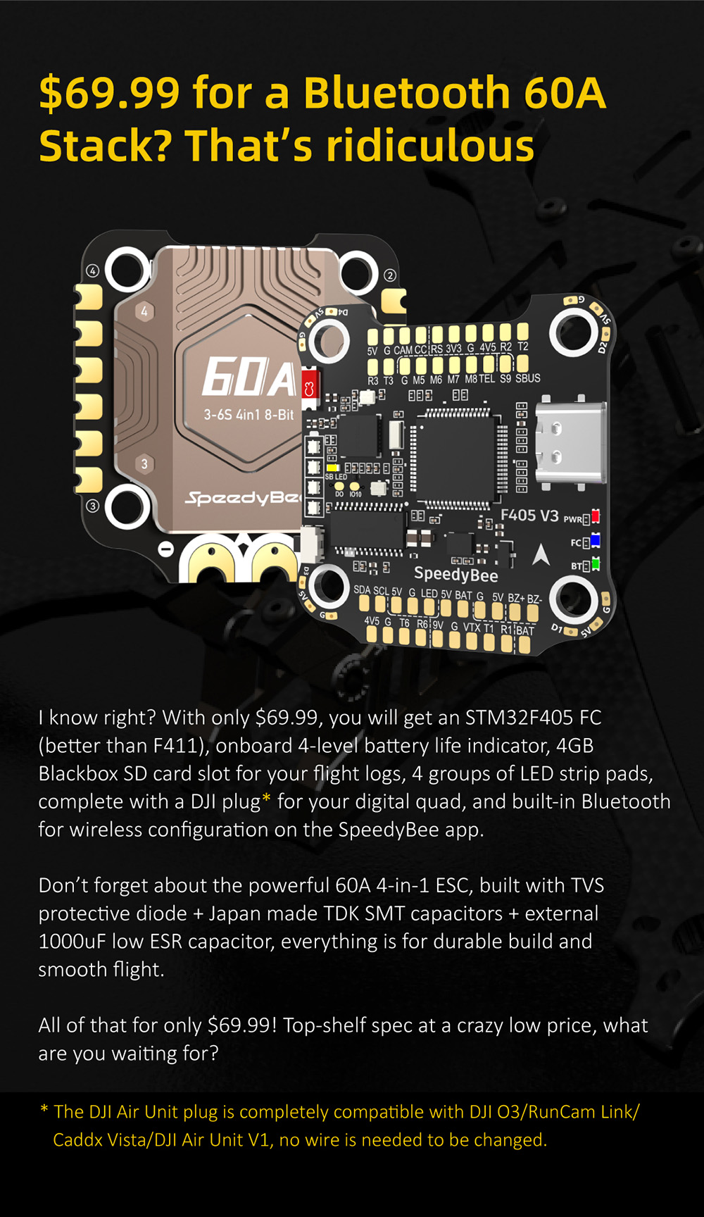 305x305mmSpeedyBeeF405V3BLS60A4In1ESCF4OSDFlightController3-6Swith9V5V33VBECOutputStackforRCDroneFPV-2008622-2
