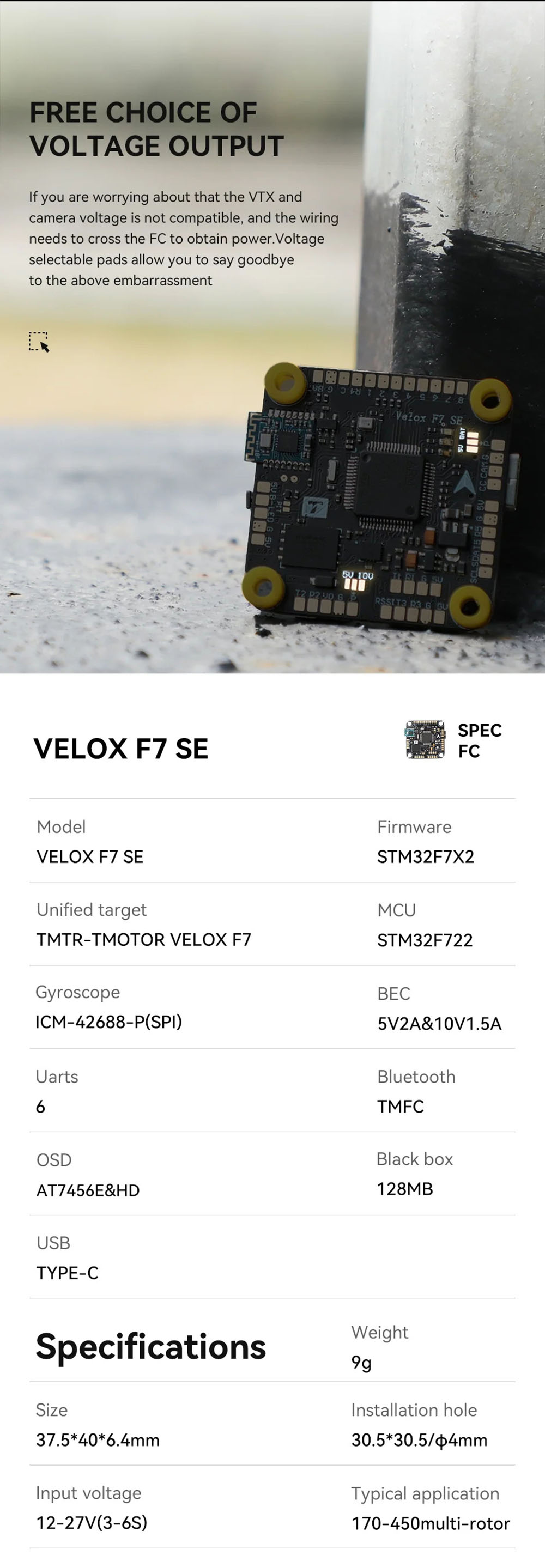 305x305mmT-MotorVeloxF7SEFlightControllerWirelessBluetooth128MBlackbox5V10VBECSupportDigitalAnalogfo-2013923-3