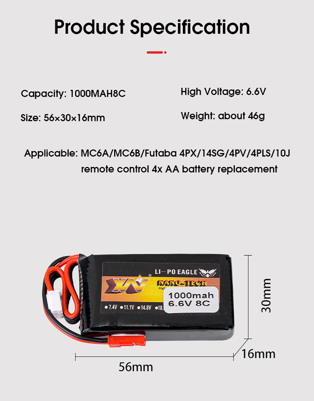 66V1000mAh8CLipoBatteryJSTPlugforMC6AMC6BFutaba4PX14SG4PV4PLS10JRemoteControllerRadioTransmitter-1995677-2