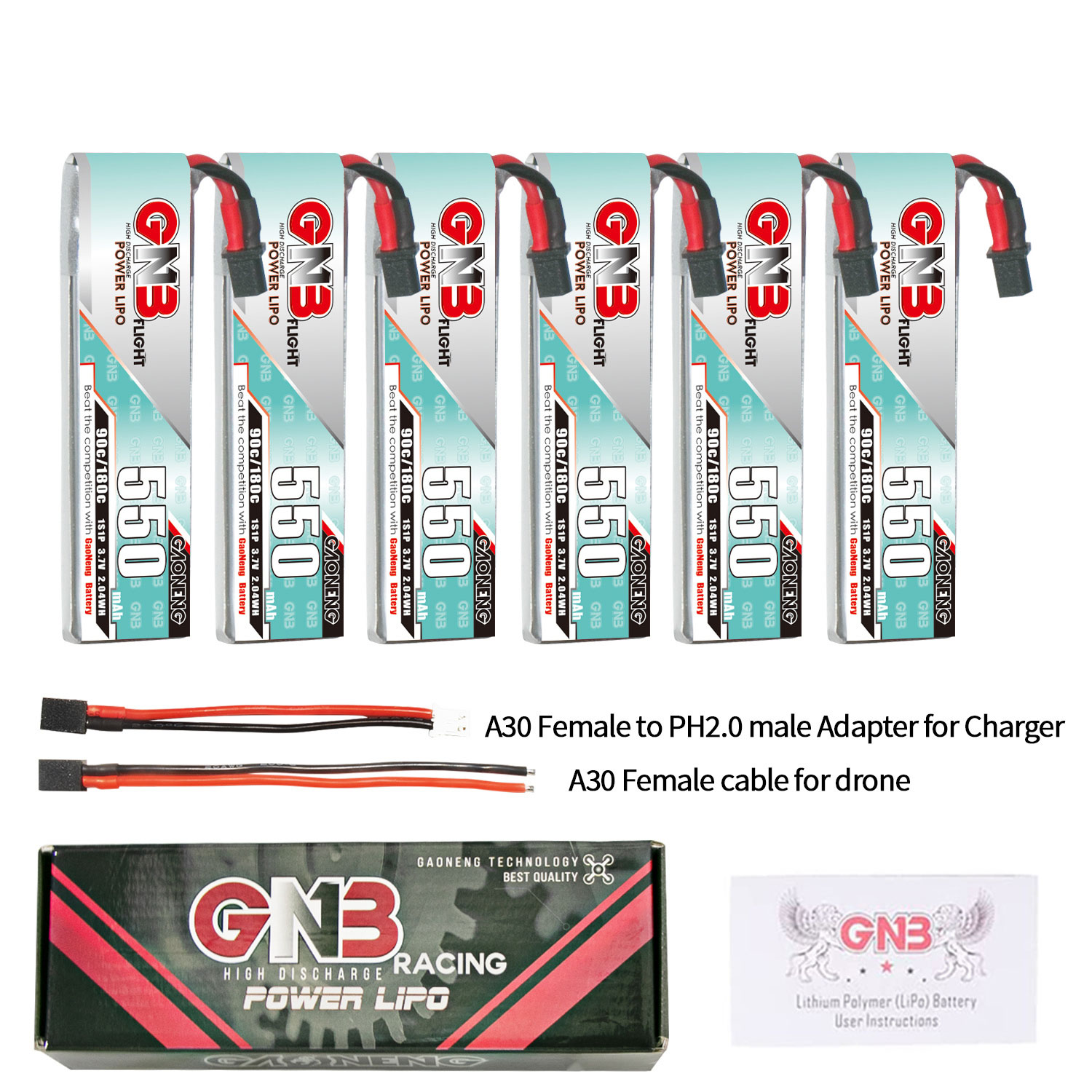6PcsGaoneng37V550mAh90C1SLiHVBatteryA30PlugWithAdapterCableforEmaxTinyhawkSBetaFPVBeta75X-1988941-1