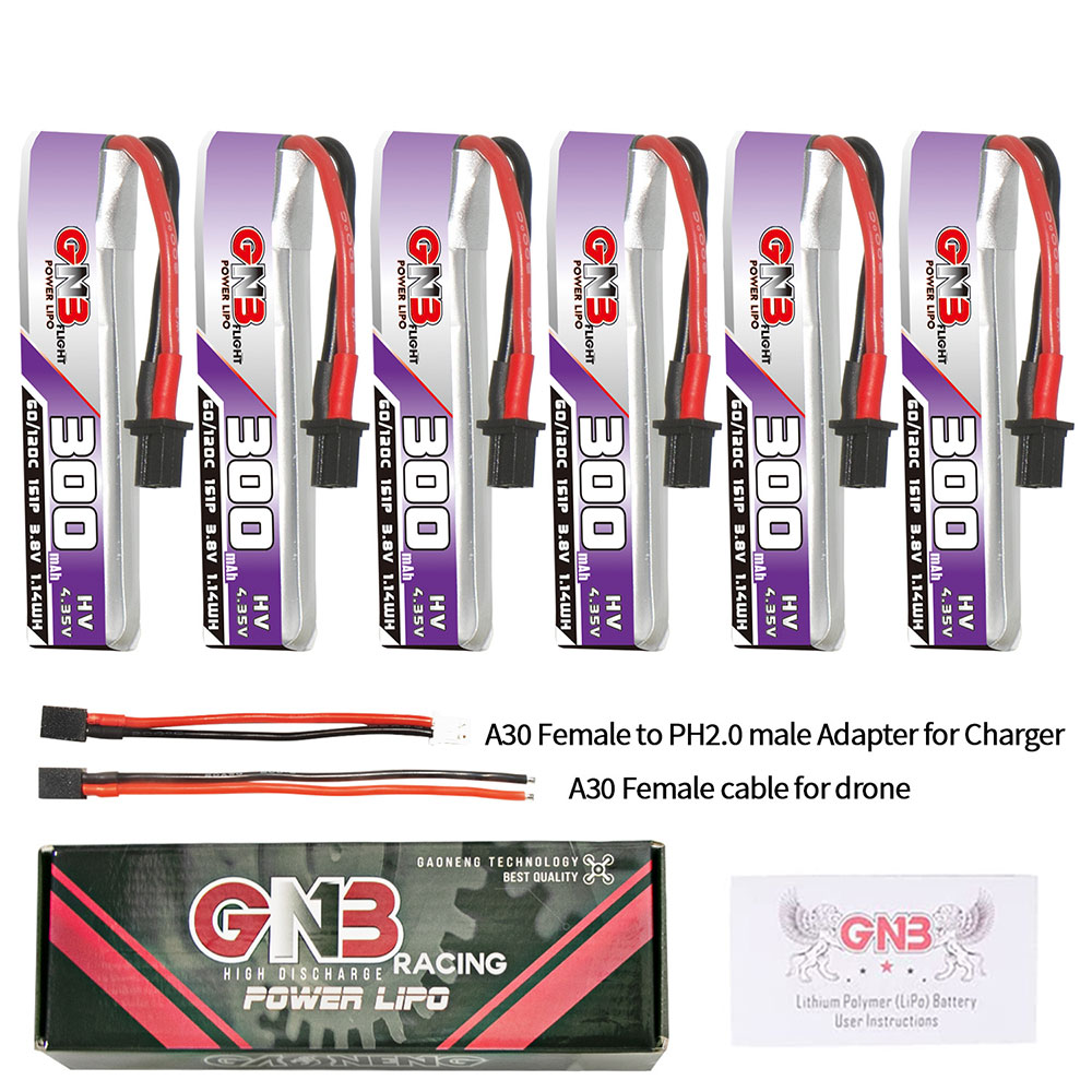 6PcsGaoneng38V300mAh60C1SLiHVBatteryA30PlugWithAdapterCableforBetaFPVMeteor65ProELRS-1988902-1