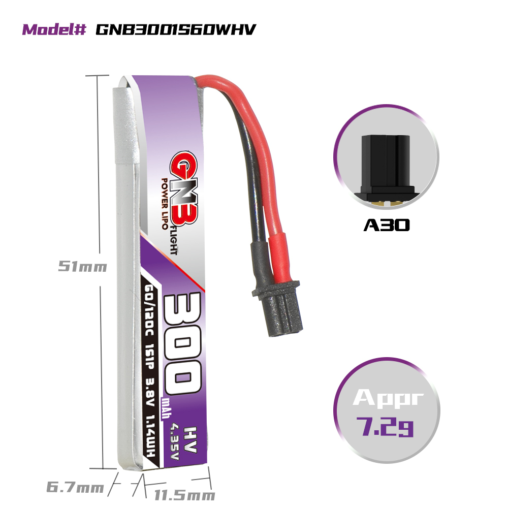 6PcsGaoneng38V300mAh60C1SLiHVBatteryA30PlugWithAdapterCableforBetaFPVMeteor65ProELRS-1988902-6
