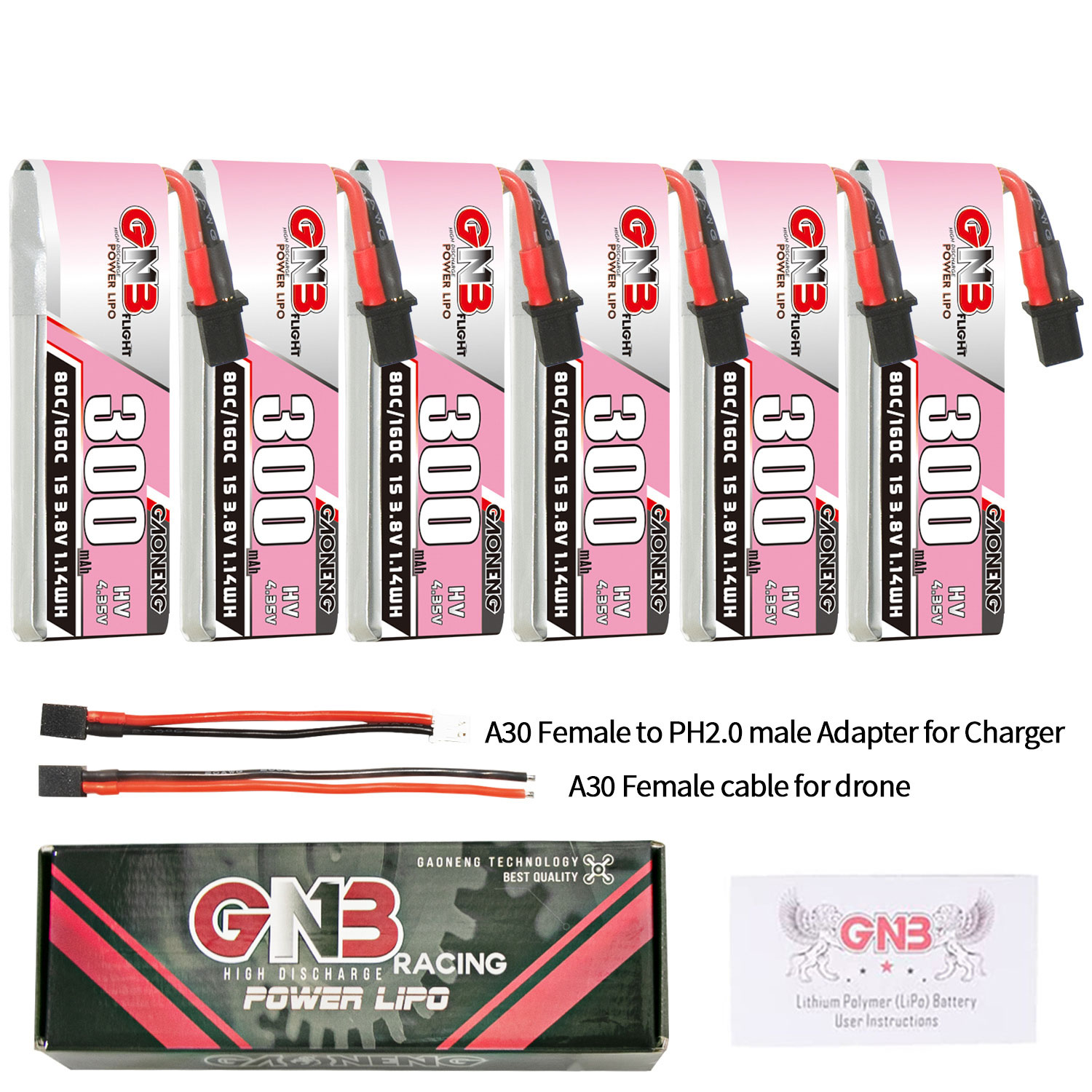 6PcsGaoneng38V300mAh80C1SLiHVBatteryA30PlugWithAdapterCableforEmaxTinyhawkSBetaFPVBeta75X-1989064-1