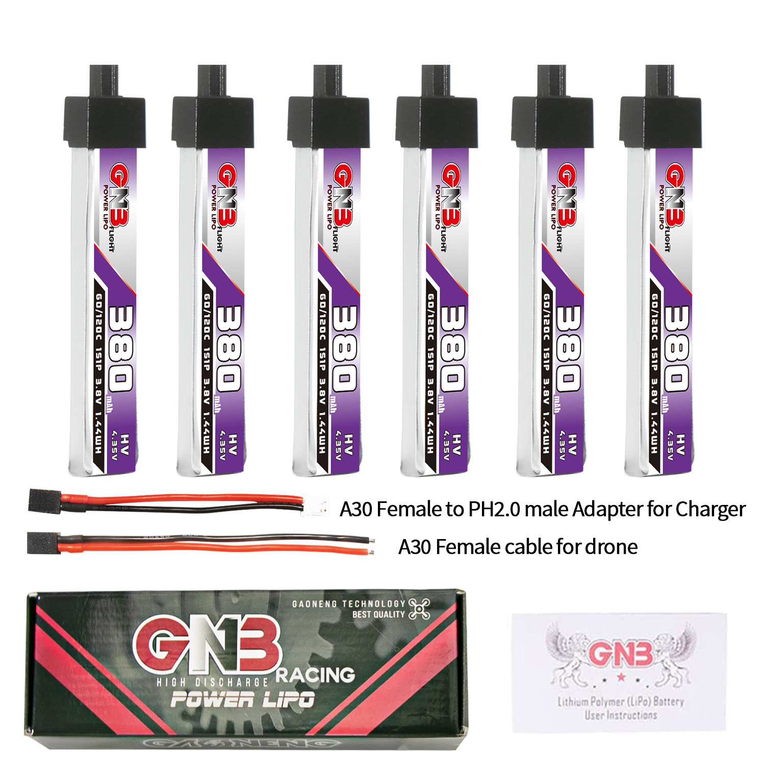 6PcsGaoneng38V380mAh60C1SLiHVBatteryA30PlugWithAdapterCableforBetaFPVMeteor65ProHappymodelMobula6HD-1988700-1