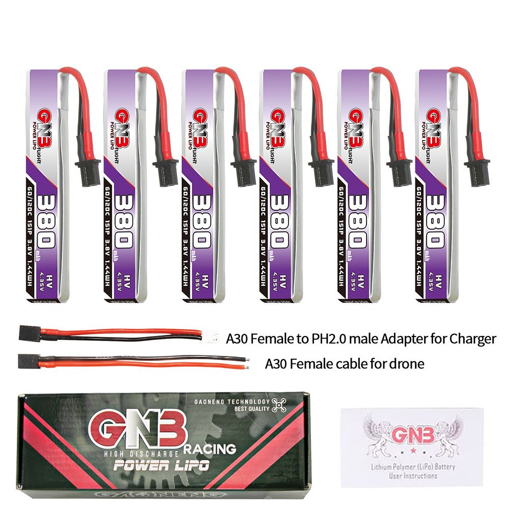 6PcsGaoneng38V380mAh60C1SLiHVBatteryA30PlugWithAdapterCableforHappymodelMobula6BetaFPVMeteor65-1988656-1