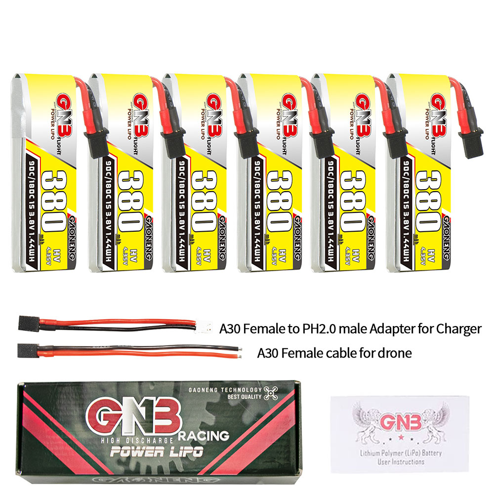 6PcsGaoneng38V380mAh90C1SLiHVBatteryA30PlugWithAdapterCableforEmaxTinyhawkSBetaFPVBeta75X-1988623-1