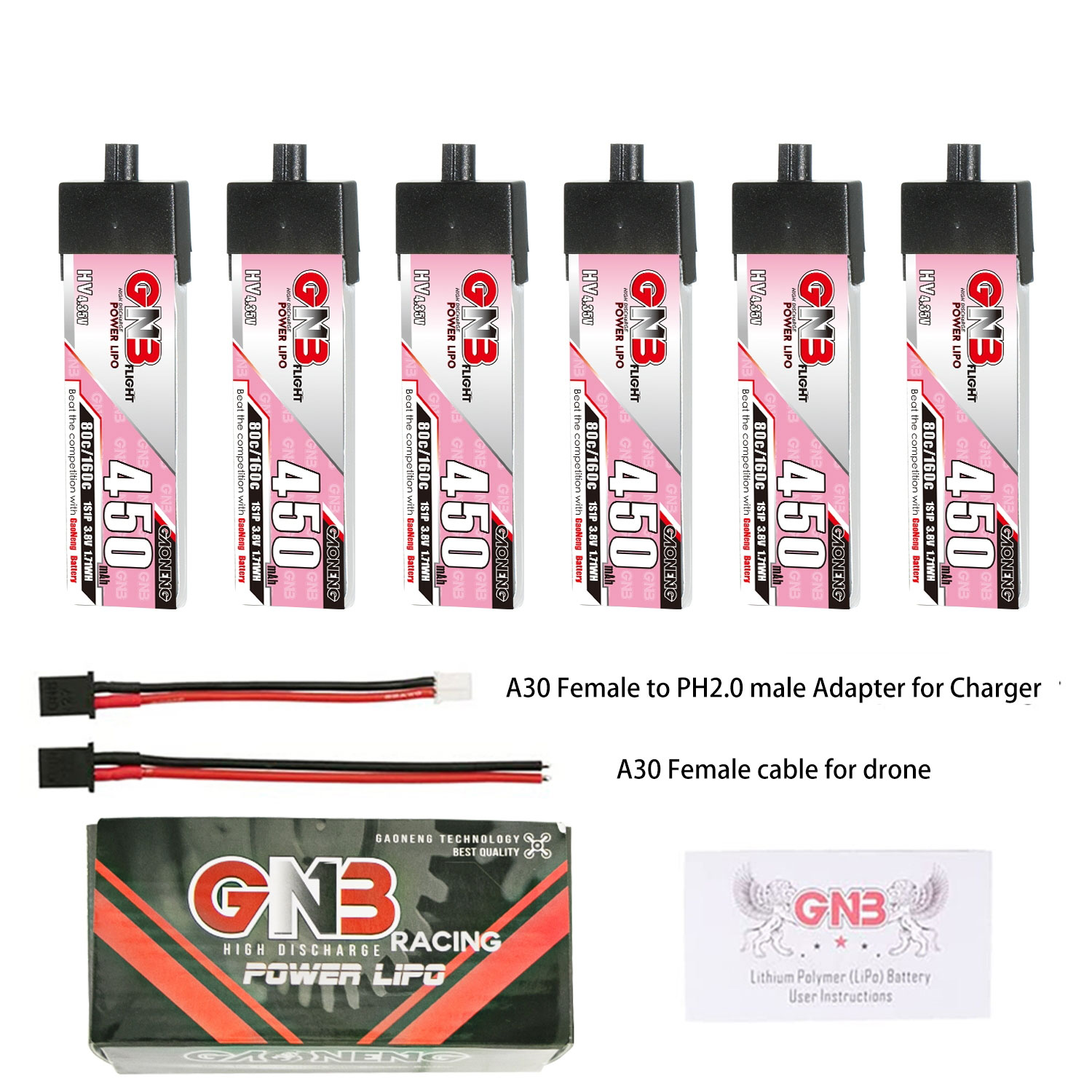 6PcsGaoneng38V450mAh80C1SLiHVBatteryA30PlugWithAdapterCableforEmaxTinyhawkSBetaFPVBeta75X-1988936-1