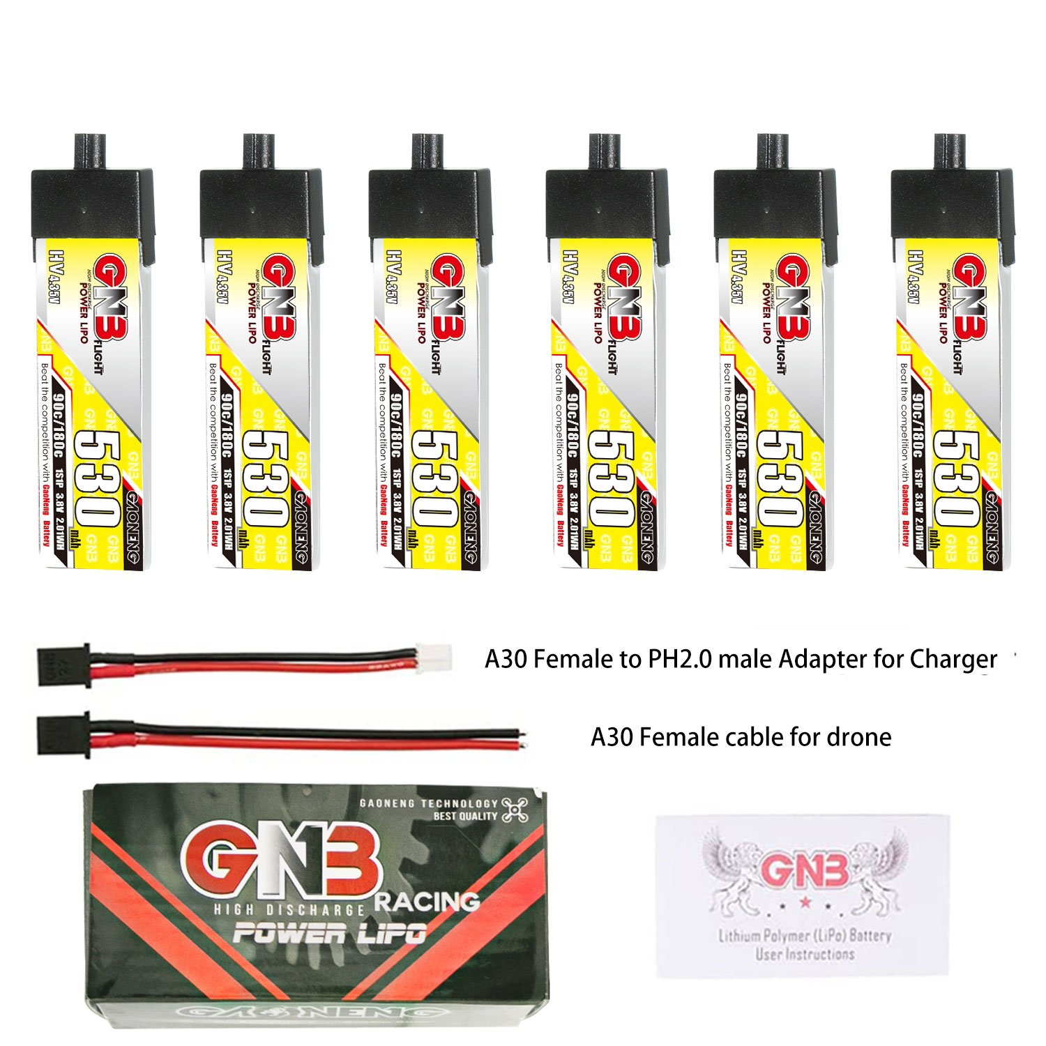 6PcsGaoneng38V530mAh90C1SLiHVBatteryA30PlugforSub250Nanofly20EmaxTinyhawkSBetaFPVBeta75X-1989122-1