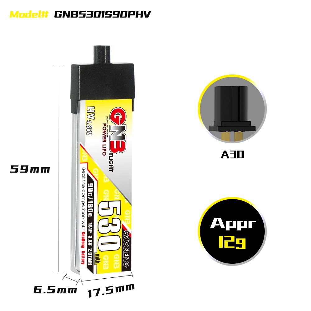 6PcsGaoneng38V530mAh90C1SLiHVBatteryA30PlugforSub250Nanofly20EmaxTinyhawkSBetaFPVBeta75X-1989122-6