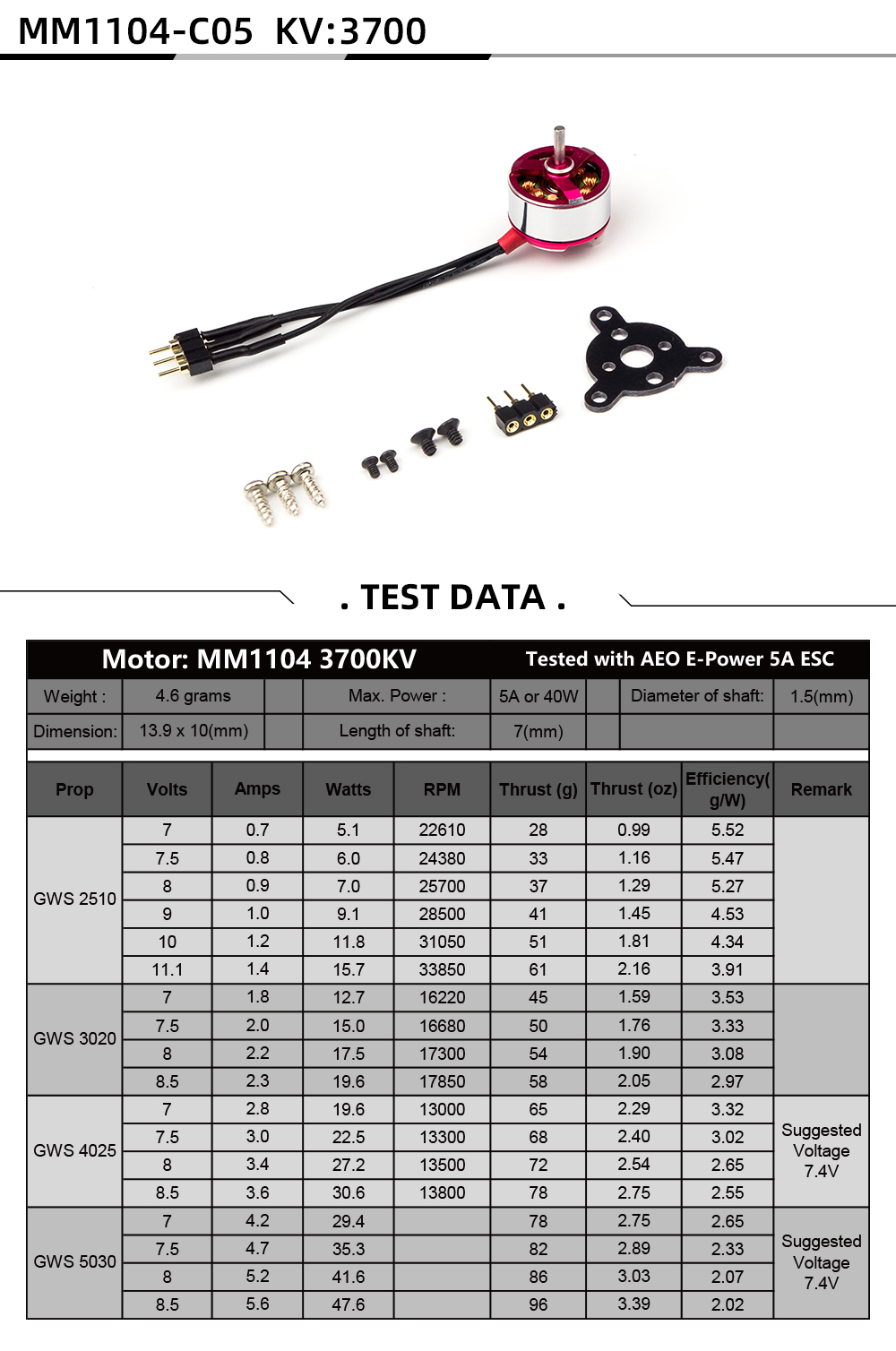 AEORCRCPowerComboMM11041104KV37003700KVBrushlessMotor1S2S5AESC5030PropforRCFixedWingAirplanePlane-1625391-1
