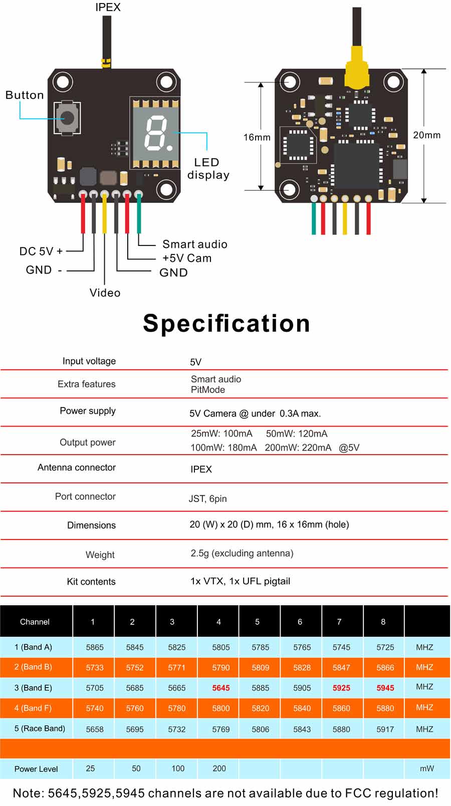 AKKX51616mm25mW50mW100mW200mW58GHz37CHAVFPVTransmitterVTXwithSmartAudioPITMode-1382126-1