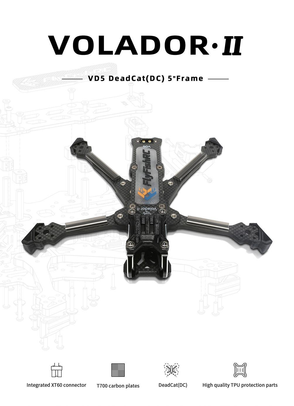 FlyFishRCVoladorIIVX5VD5V2225mmWheelbaseT700CarbonFiber5InchDeadcatFreestyleFrameKitSupportDJIO3AirU-1985793-1