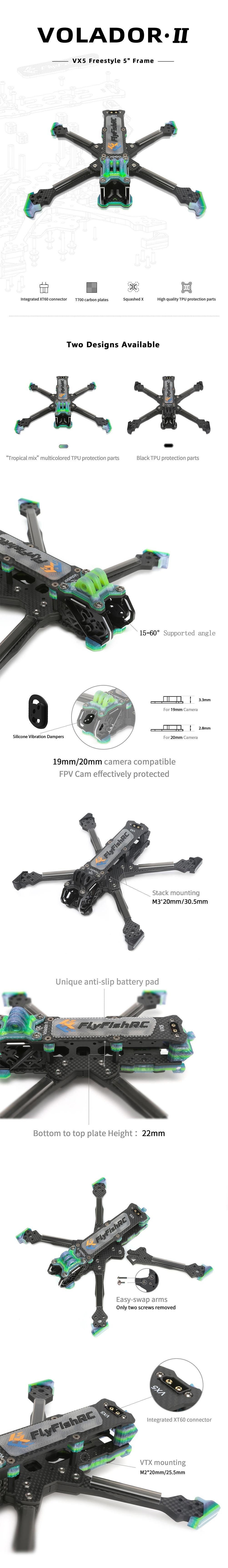 FlyFishRCVoladorIIVX5VD5V2225mmWheelbaseT700CarbonFiber5InchDeadcatFreestyleFrameKitSupportDJIO3AirU-1985793-2