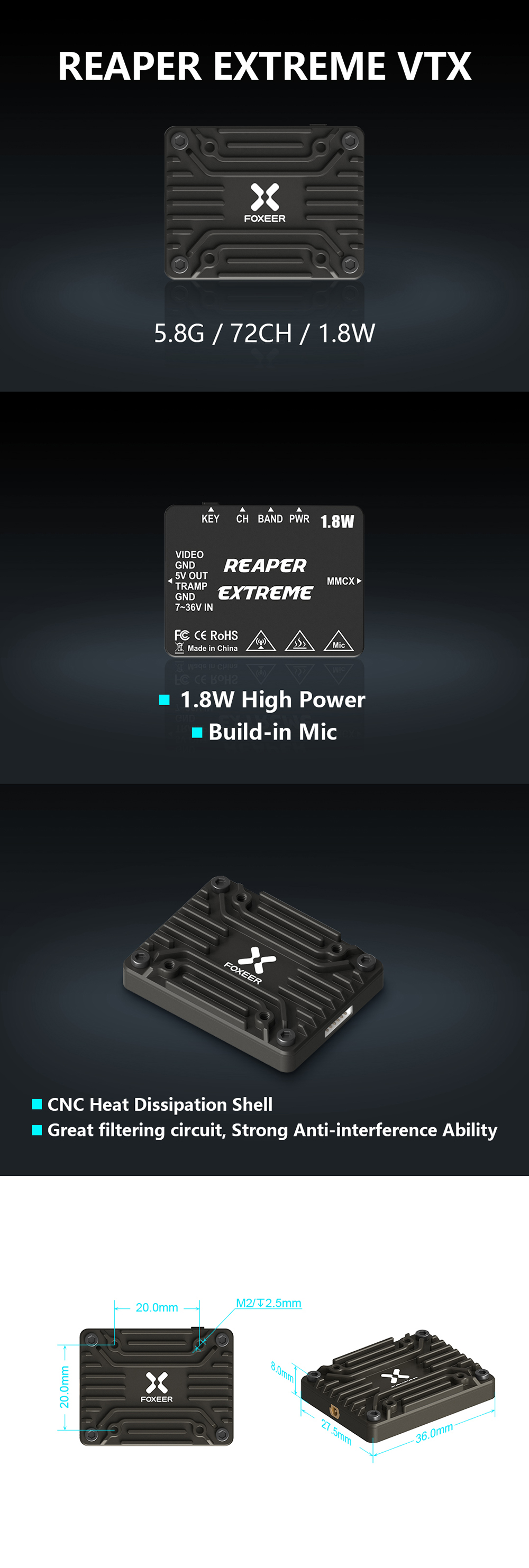 FoxeerReaperExtreme58GHz72CHPit25mW200mW500mW1W18WVTXBuild-inMICFPVTransmitterforRCDrone-2008972-1