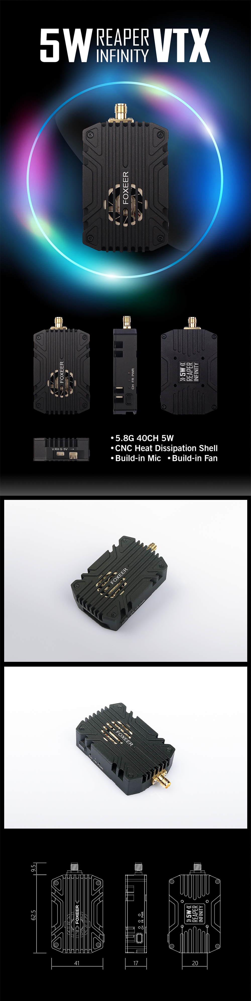 FoxeerReaperInfinite58GHz40CH5WPitMode25mW500mW1500mW3000mW5000mWFPVTransmitterVTXForRCDroneAirplane-1995382-1