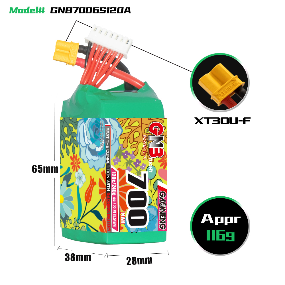GAONENGGNB222V700mAh120C6SLiPoBatteryXT30Plugfor2to25InchRCDroneFPVRacing-2003219-1