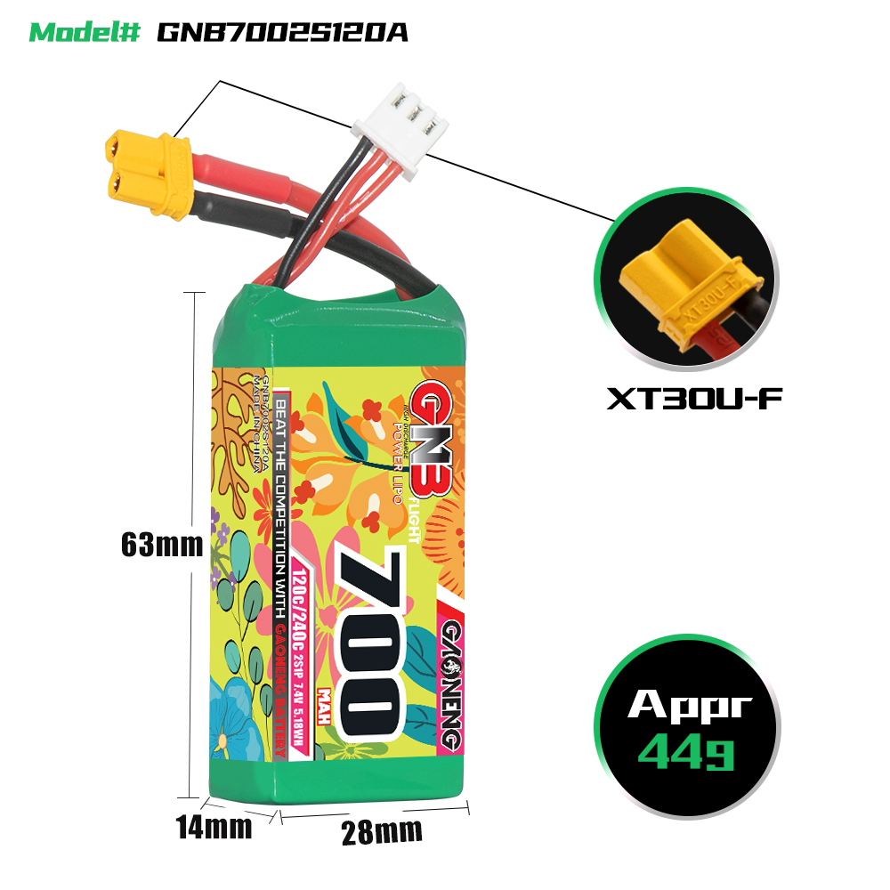 GAONENGGNB74V700mAh120C2SLiPoBatteryXT30PlugforMicroMiniQuadcopterFPVRacingDrone-2003208-1