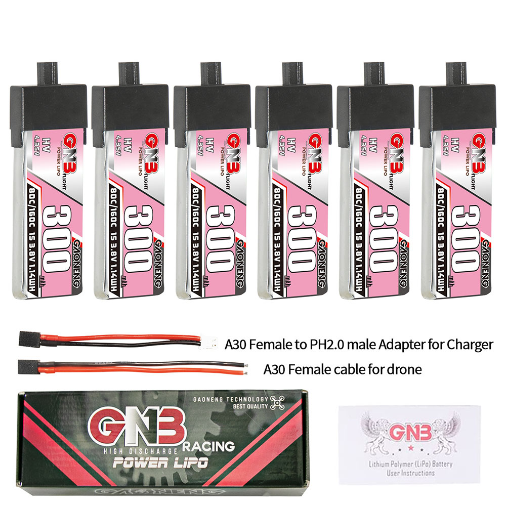 Gaoneng38V300mAh80C1SLiHVBatteryA30PlugWithAdapterCableforEmaxTinyhawkSBetaFPVBeta75X-1988650-1