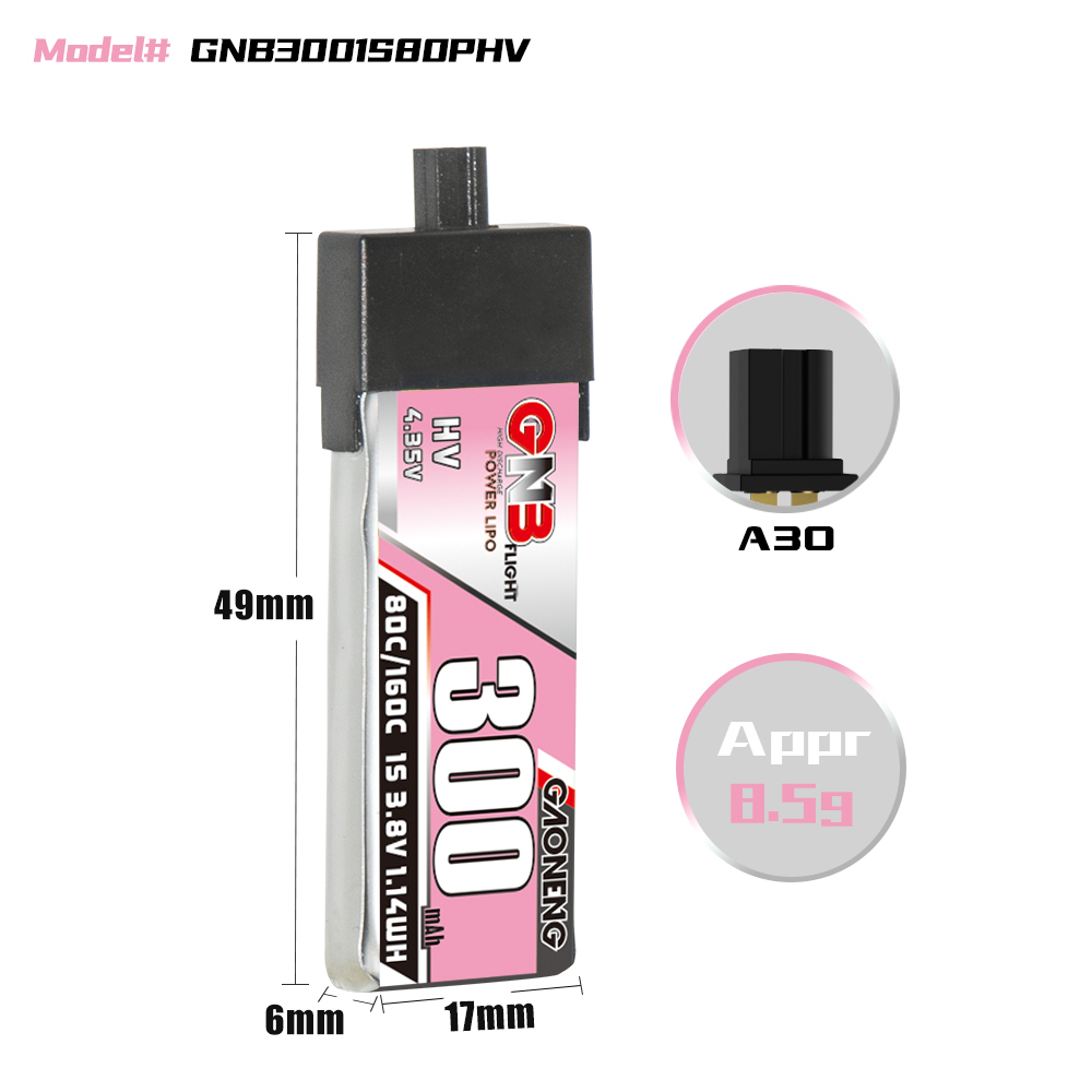 Gaoneng38V300mAh80C1SLiHVBatteryA30PlugWithAdapterCableforEmaxTinyhawkSBetaFPVBeta75X-1988650-6