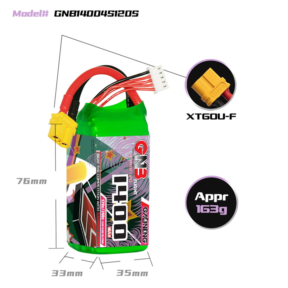GaonengGNB148V1400mAh120C4SLiPoBatteryTXT60XT90EC5PlugforFPVRacingDrone-1949108-1