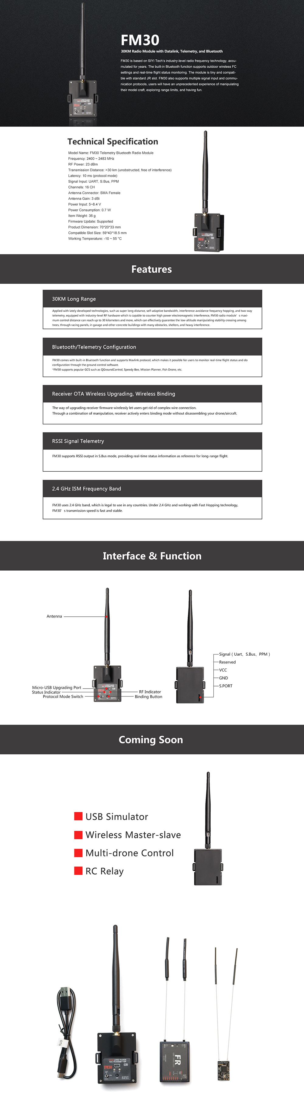 SIYIFM3024GHZ30KMTelemetryBluetoothLongRangeTransmitterModuleUARTSBUSPPMInputwithFROTAReceiverforRCD-1982440-1