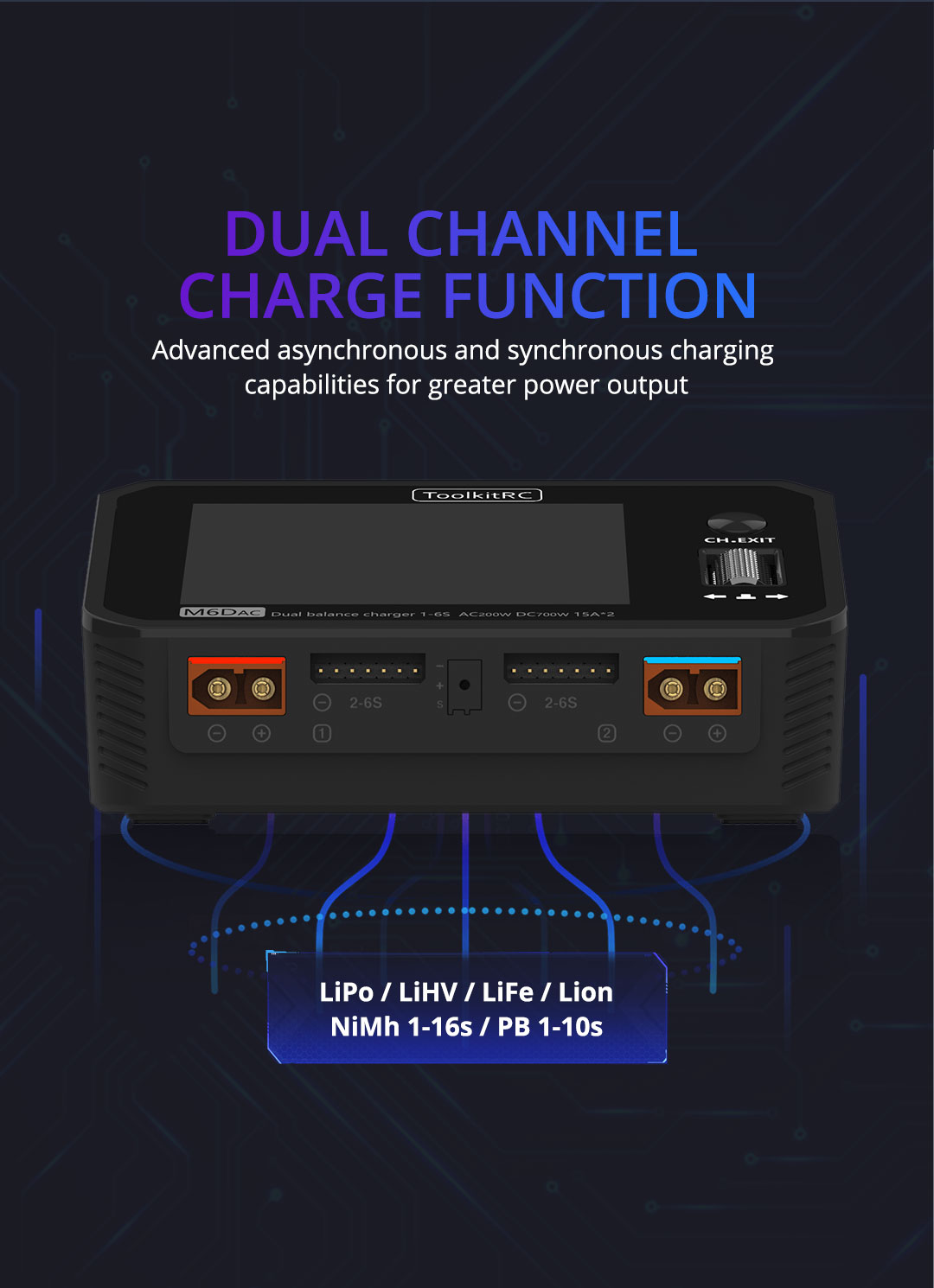 ToolkitRCM6DACAC200WDC700W15A2USB-C65WQC30DualChannelSmartLipoBatteryChargerDischargerfor1-6SLipoBat-1852812-2