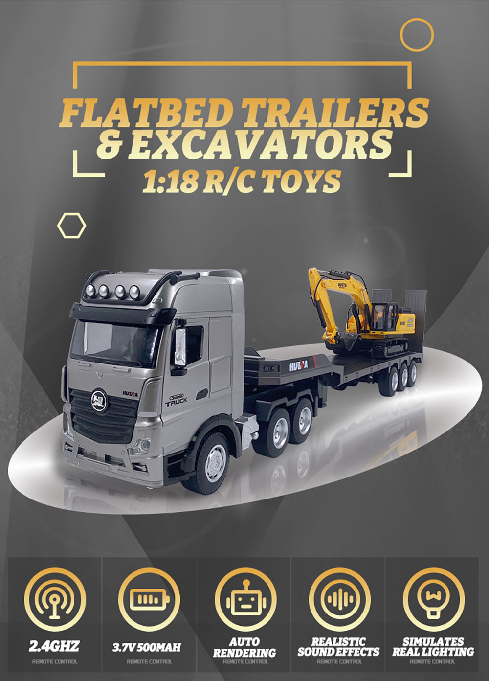 HuiNaToys152211824G9CHRCCarFlatbedTrailersExcavatorTruckEngineeringVehiclesLEDLightSoundRTRTransport-2011759-1