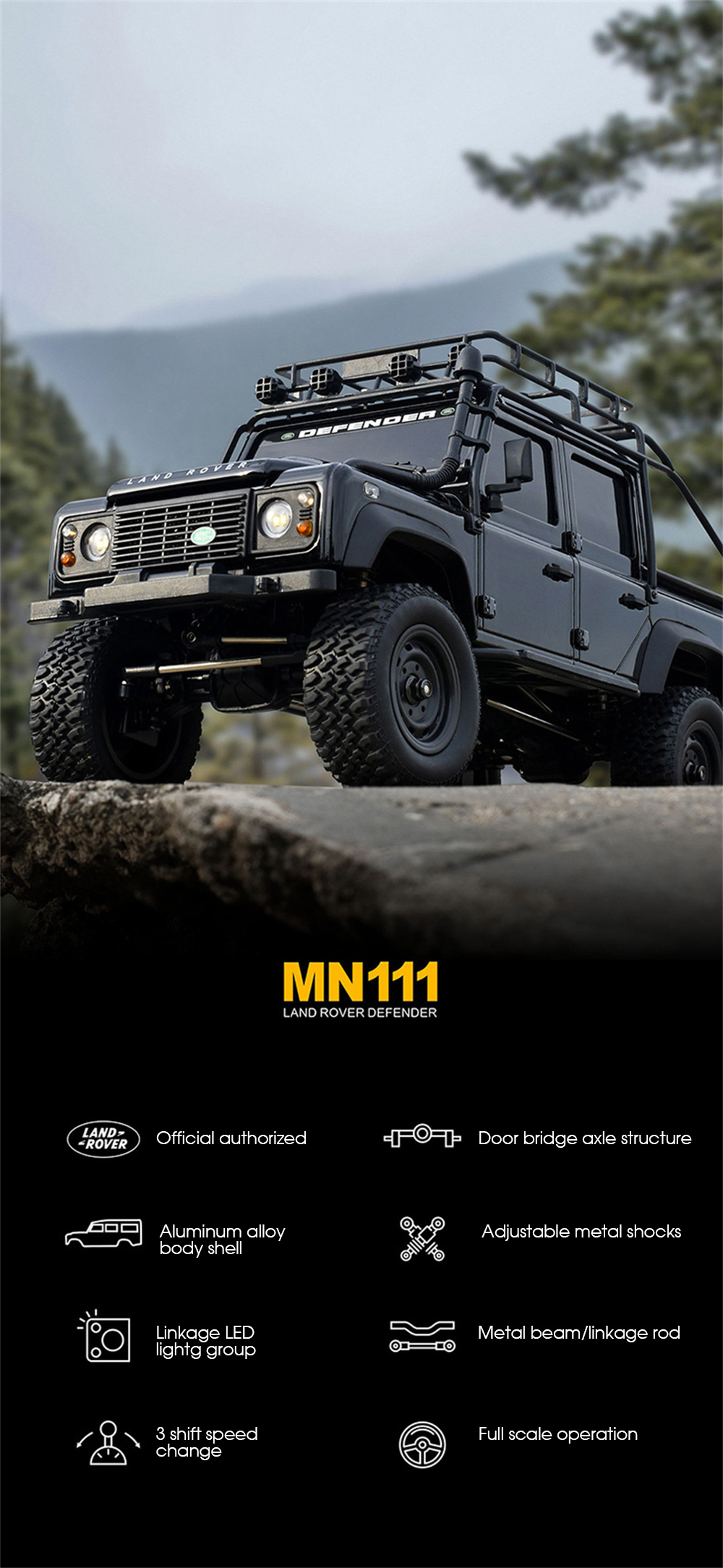 MNRCMN111DIYKIT1184X4RCCarLEDLightClimbingRockCrawlerOff-RoadTruckPortalAxleAlloyShellToysClassicVeh-1992013-4