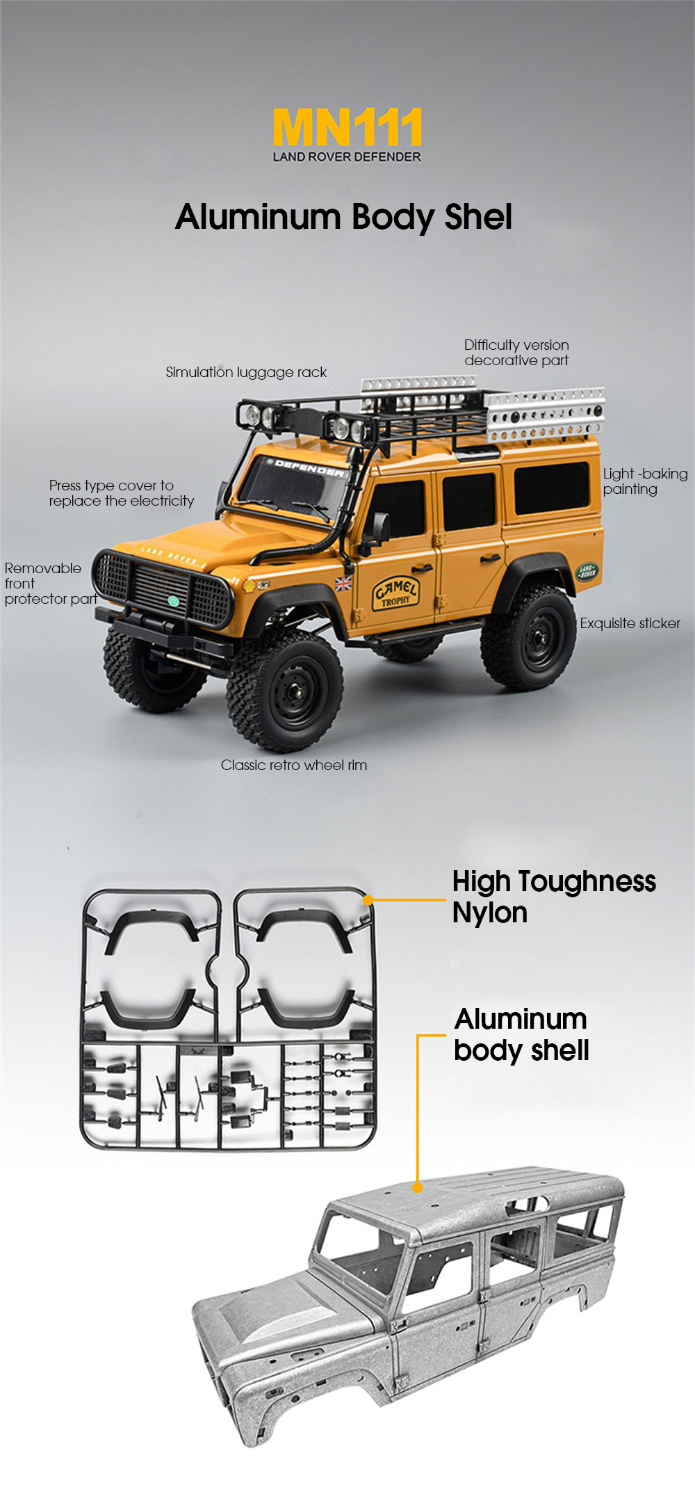 MNRCMN111DIYKIT1184X4RCCarLEDLightClimbingRockCrawlerOff-RoadTruckPortalAxleAlloyShellToysClassicVeh-1992013-5