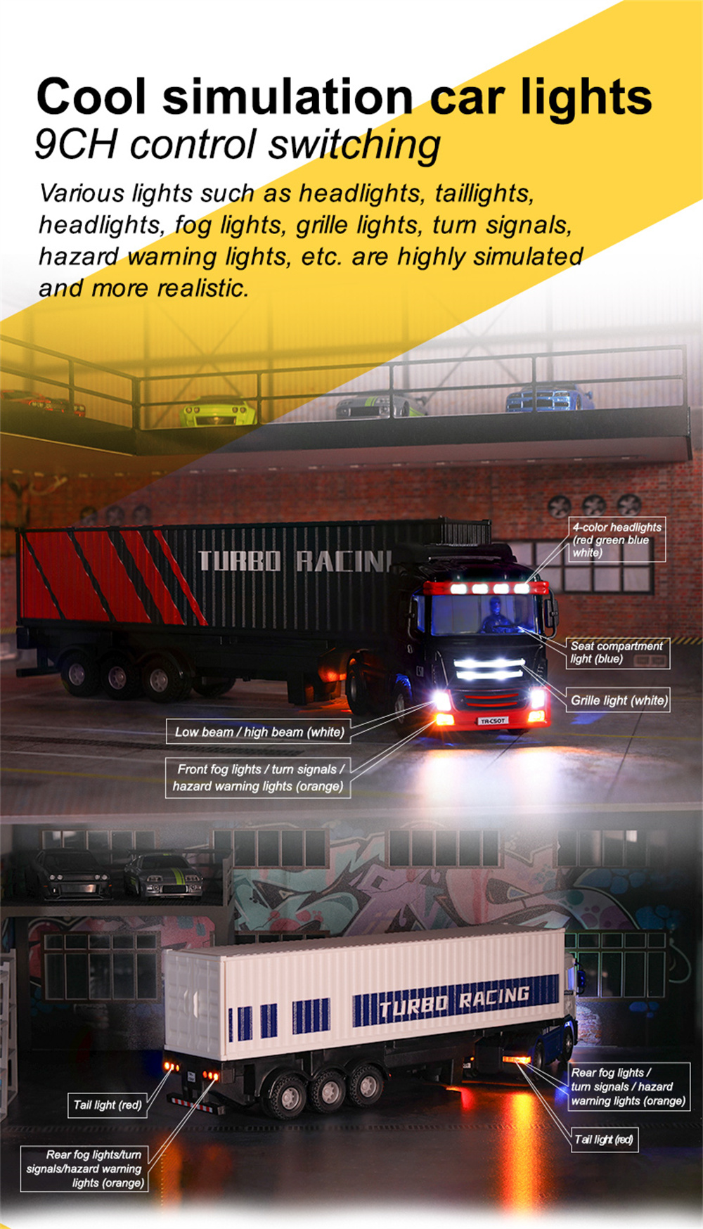 TurboRacingC5017624G4WDRCCarSemi-TruckTractorTrailerHeadsLEDLightsSoundsRemoteControlVehiclesModelsR-2001330-3