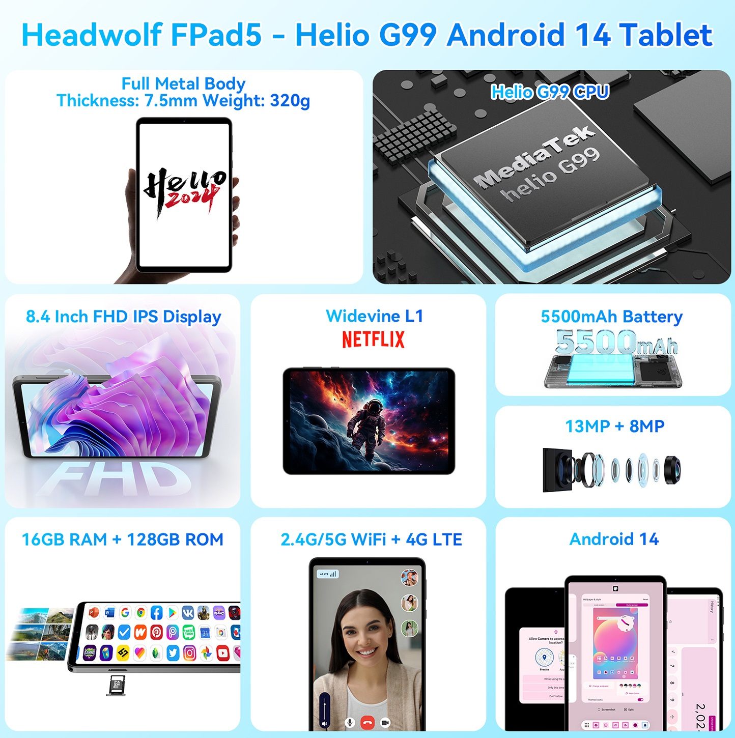 HEADWOLFFPad5HelioG99OctaCore8GB8GBRAM128GBROMNetflixWidevineL14GLTE84InchAndroid14Tablet-2012510-2