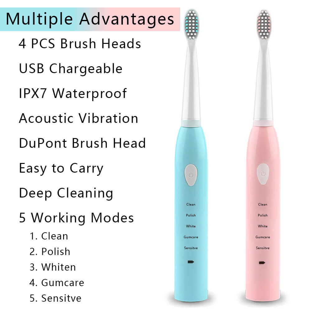 IPX7UltrasonicElectricToothbrush5ModesUSBRechargeableSonicAutomaticTeethCleanerwith4BrushHeads-1998518-2