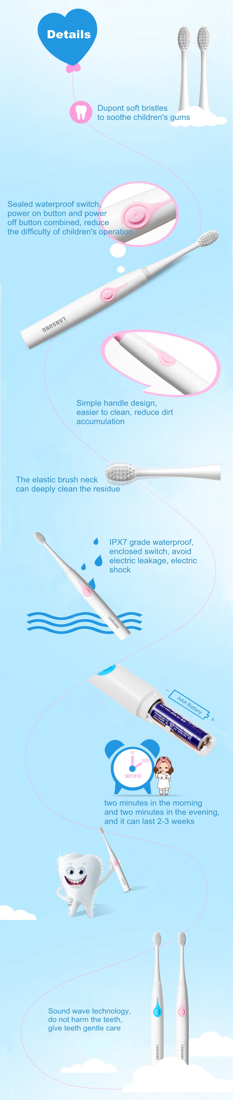 LansungSA219ElectricToothbrushPortableNon-slipAAABatterySonicChildrenToothBrushIPX7Waterproof-1435922-2