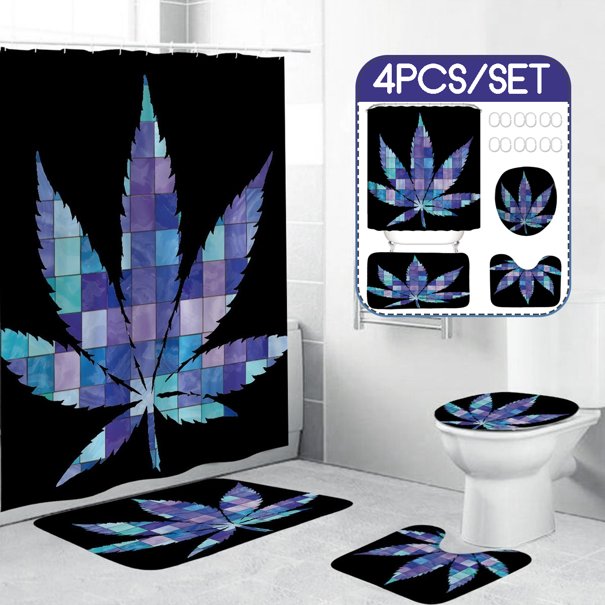 134PcsColorfulPrettyLeafPatternBathroomDecorationWaterproofBathroomShowerCurtainSetNon-SlipBathroomP-1690369-1