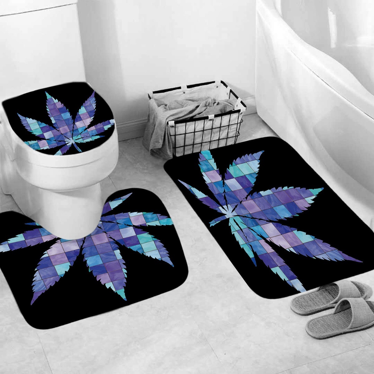 134PcsColorfulPrettyLeafPatternBathroomDecorationWaterproofBathroomShowerCurtainSetNon-SlipBathroomP-1690369-6