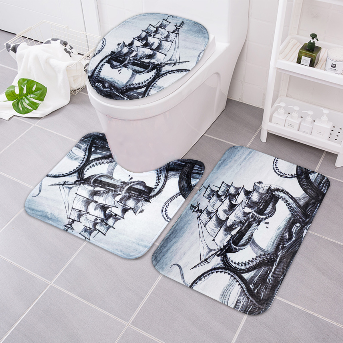 3PcsOctopusBathroomRugSailingAnti-slipBathCarpetToiletSeatLidRugFloorMat-1376499-1