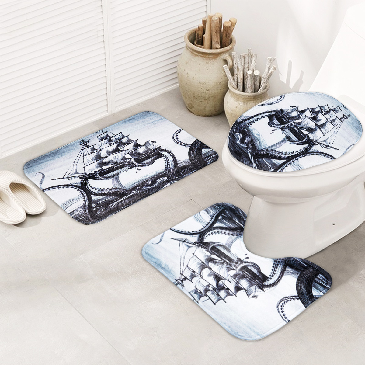 3PcsOctopusBathroomRugSailingAnti-slipBathCarpetToiletSeatLidRugFloorMat-1376499-2