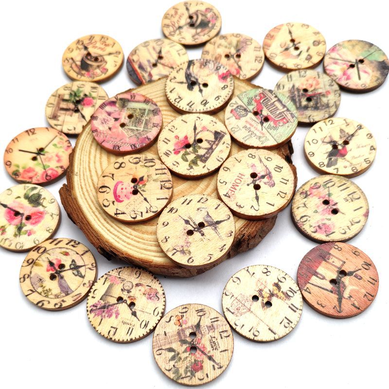 50PCS25MM2HolesDecorativeClockPatternLogPaintedRoundShapeFastenersButtons-1361783-1