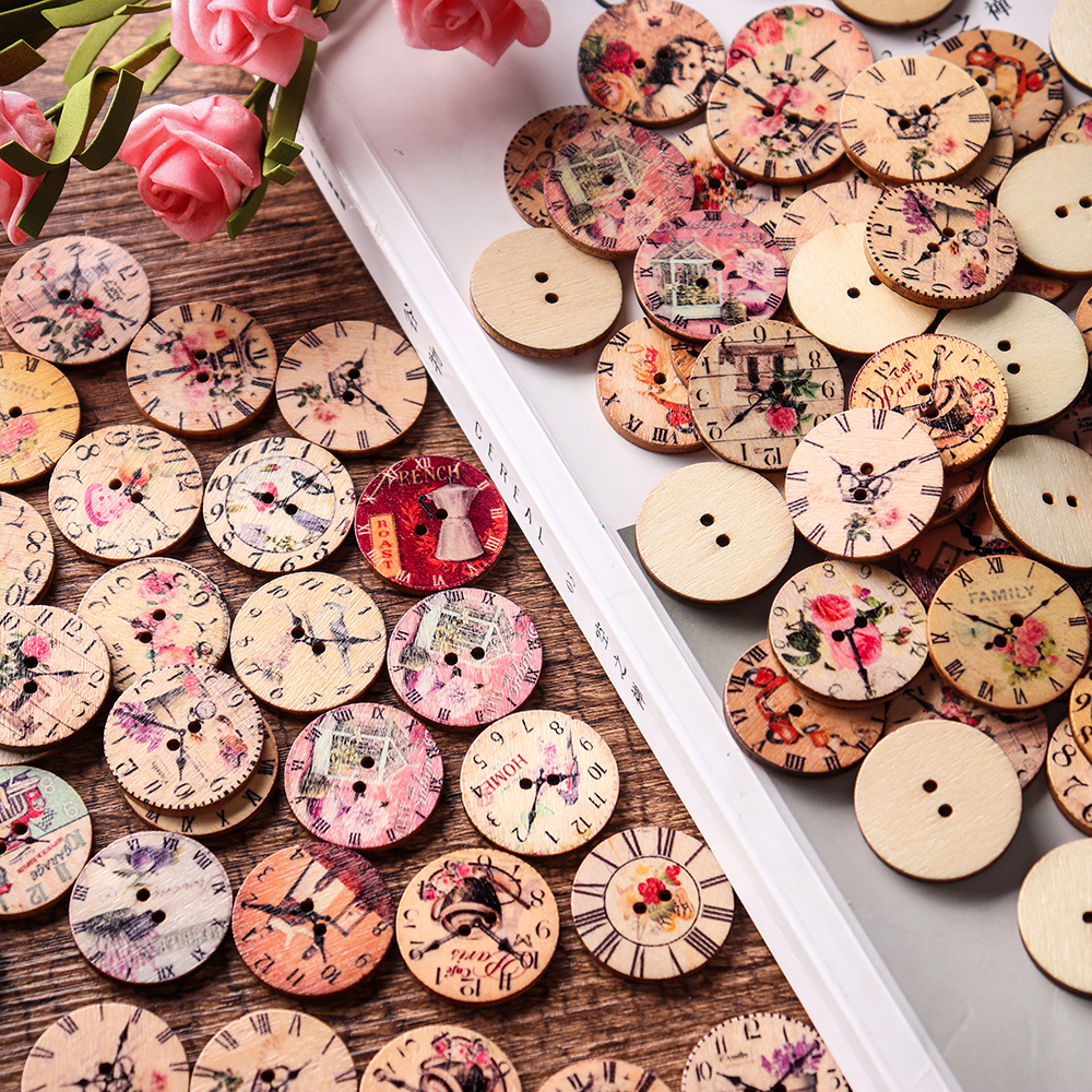 50PCS25MM2HolesDecorativeClockPatternLogPaintedRoundShapeFastenersButtons-1361783-2