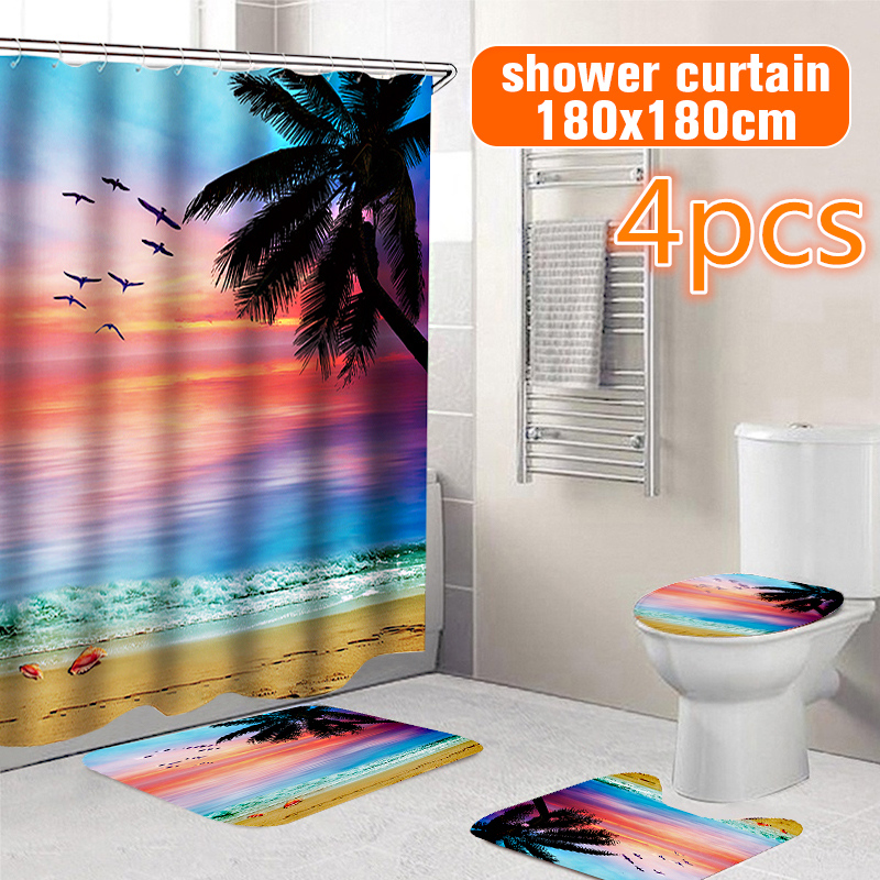 BeachSunsetStyleWaterproofBathroomShowerCurtainToiletCoverMatNon-SlipRugSetforBathroomHomeHotel-1632646-1