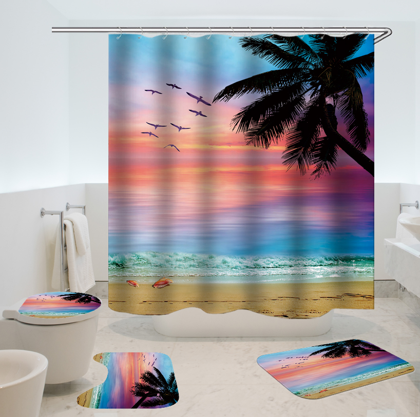 BeachSunsetStyleWaterproofBathroomShowerCurtainToiletCoverMatNon-SlipRugSetforBathroomHomeHotel-1632646-2