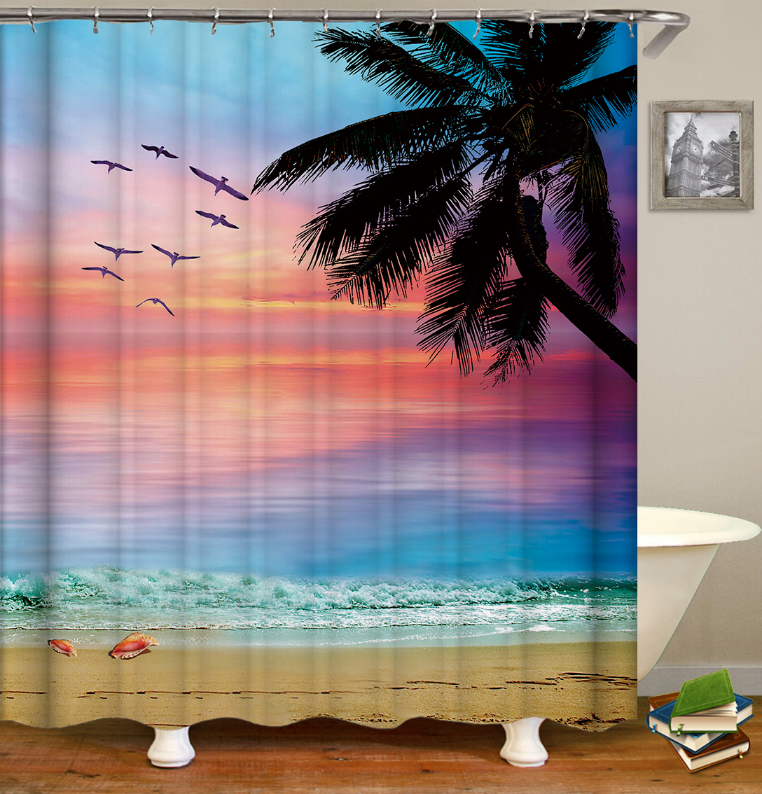 BeachSunsetStyleWaterproofBathroomShowerCurtainToiletCoverMatNon-SlipRugSetforBathroomHomeHotel-1632646-4