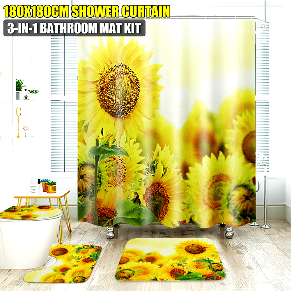 Beatiful3DSunsetSunflowerWaterproofShowerCurtainHooksNon-SlipBathCarpetsToiletMatsforBathroomDecor-1634199-1