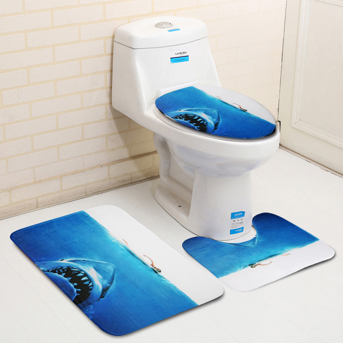 DeepSeaShark3DPrintingBathroomShowerCurtainToiletCoverMatNon-SlipRugSets-1399881-2