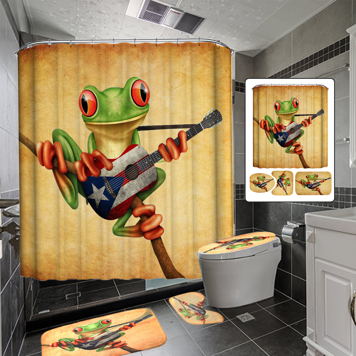 FrogPlayingGuitarBathroomShowerCurtainAnti-skidBathCarpetRugsToiletSeatCoverBathMatSet-1632824-1