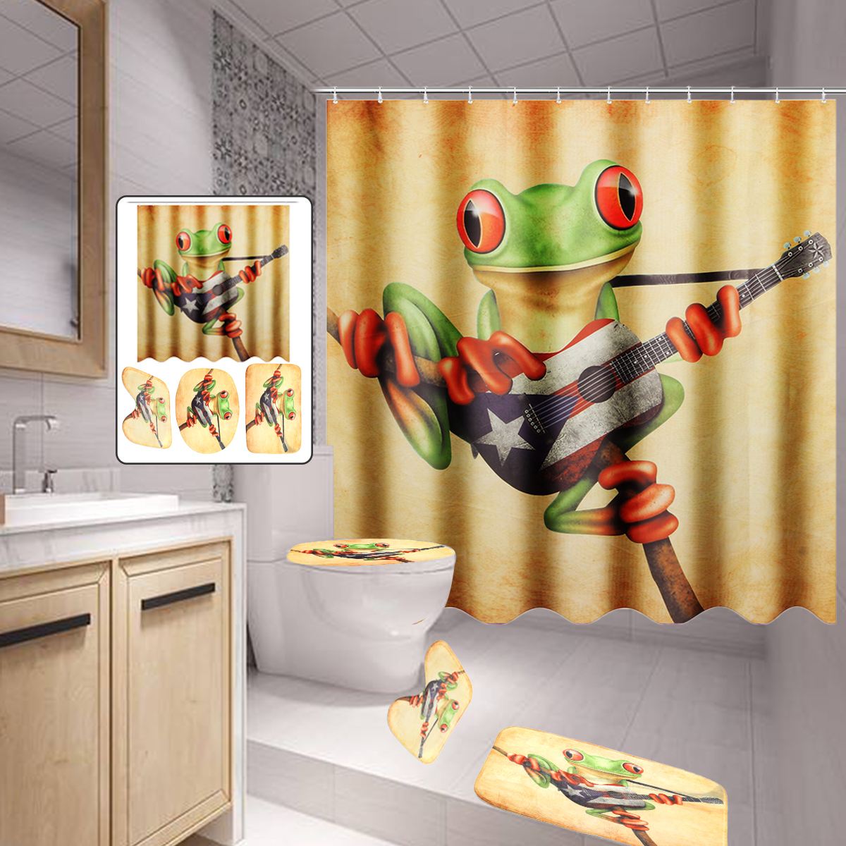 FrogPlayingGuitarBathroomShowerCurtainAnti-skidBathCarpetRugsToiletSeatCoverBathMatSet-1632824-2