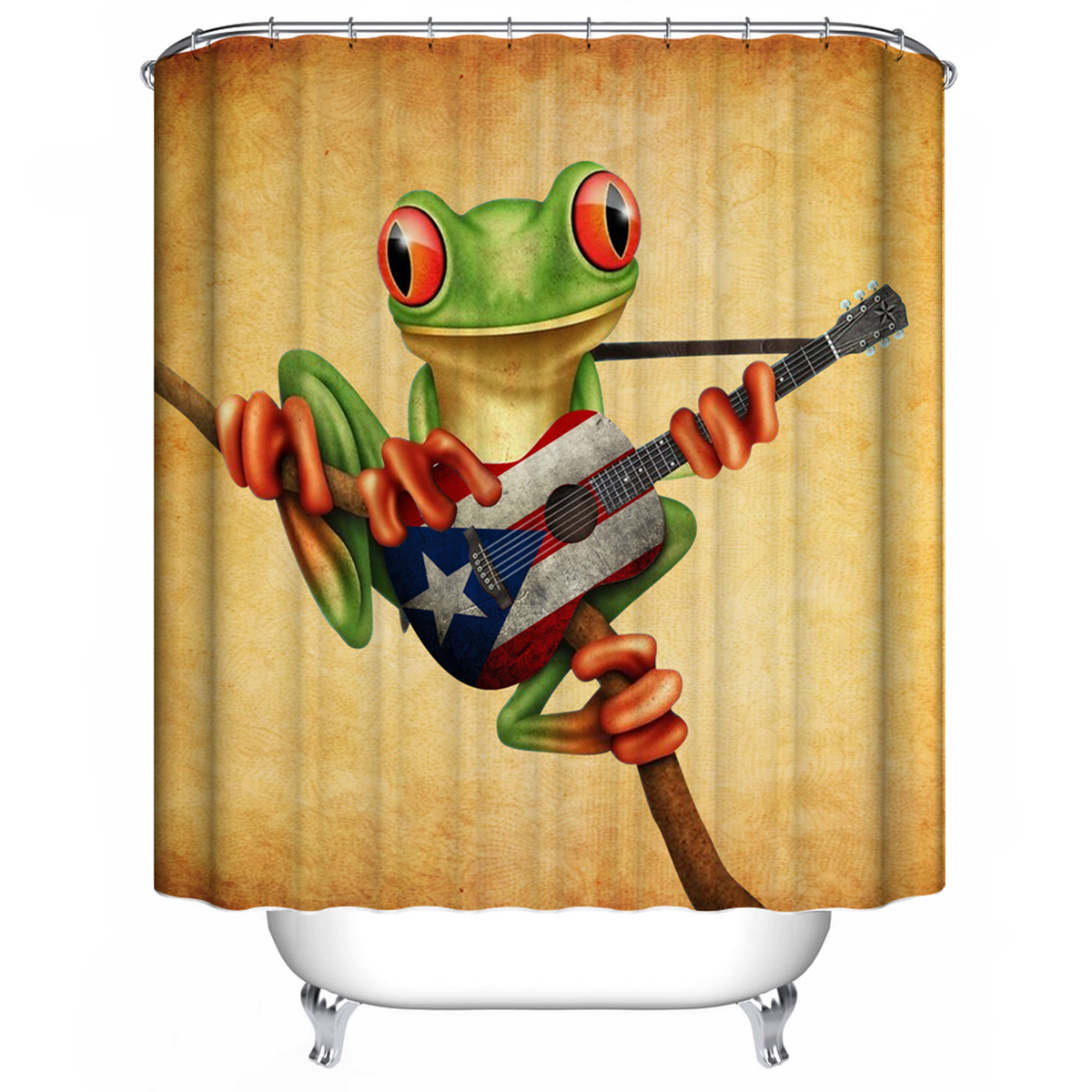 FrogPlayingGuitarBathroomShowerCurtainAnti-skidBathCarpetRugsToiletSeatCoverBathMatSet-1632824-3