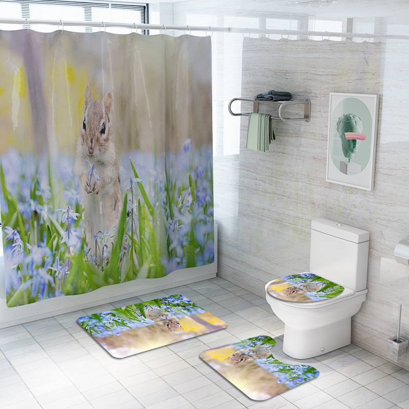 Honana4PCSBathroomWaterproofShowerCurtainAnimalRabbitPatternToiletSeatCoverPedestalRugBathMatBathroo-1625907-1