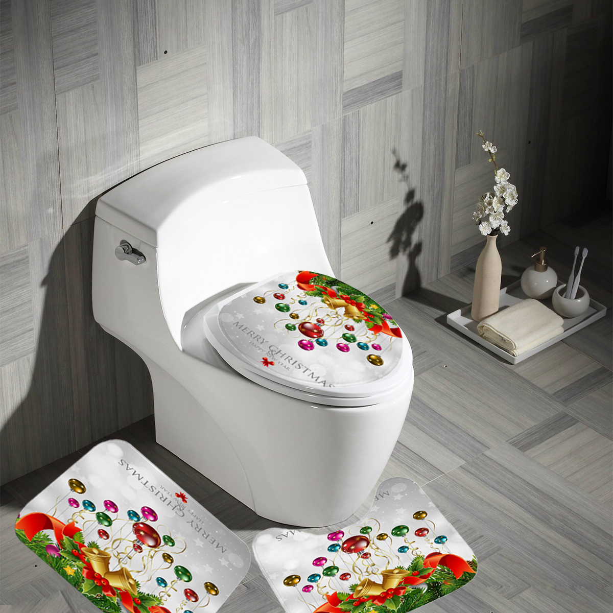 MerryChristmasBellWaterproofBathroomShowerCurtainBathMatsToiletCover-1573196-9
