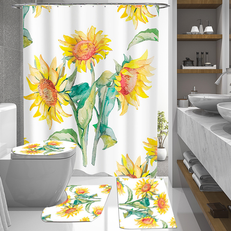 NonSlipSunflowerPatternToiletCoverMatPolyesterFabricShowerCurtainsSetForBathroom-1720124-1
